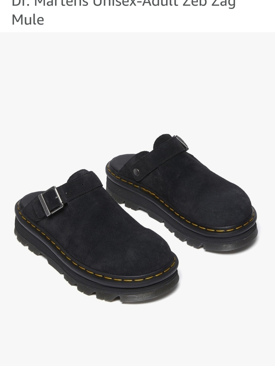 Dr. Martens Shoes - Dr. Martens Black Suede Mule with Yellow Welt Stitching